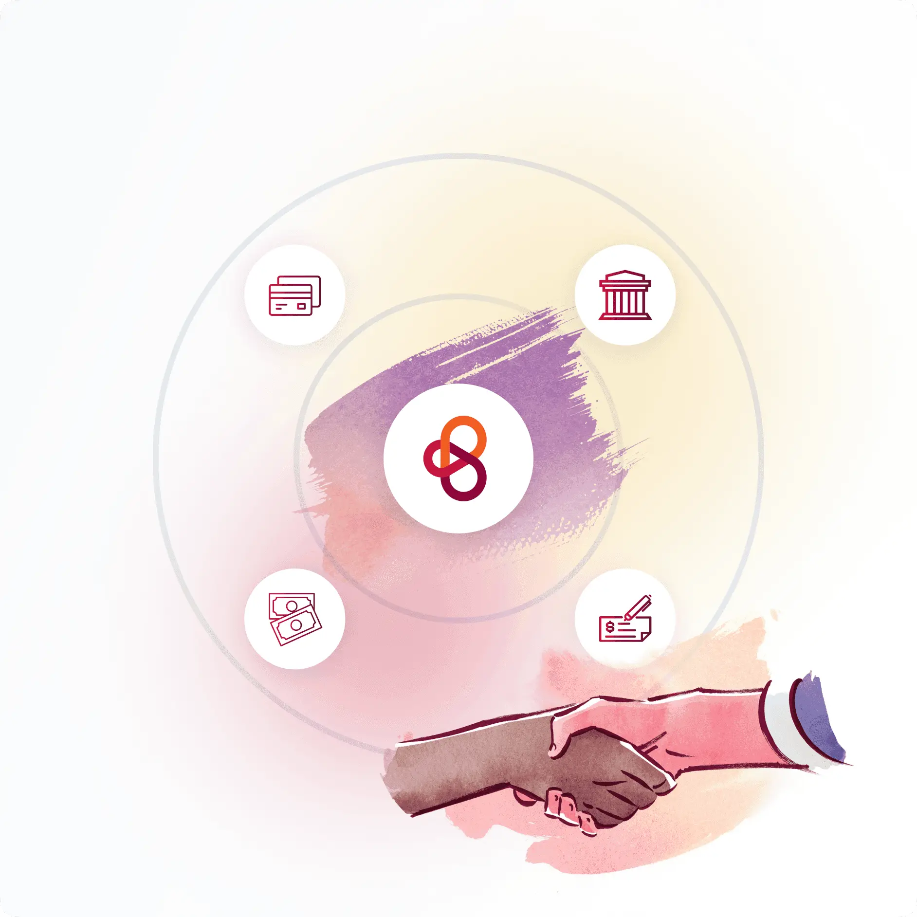 Watercolour illustration of a payments system: a monogram ringed by card, bank, cash and cheque icons, with two hands shaking below