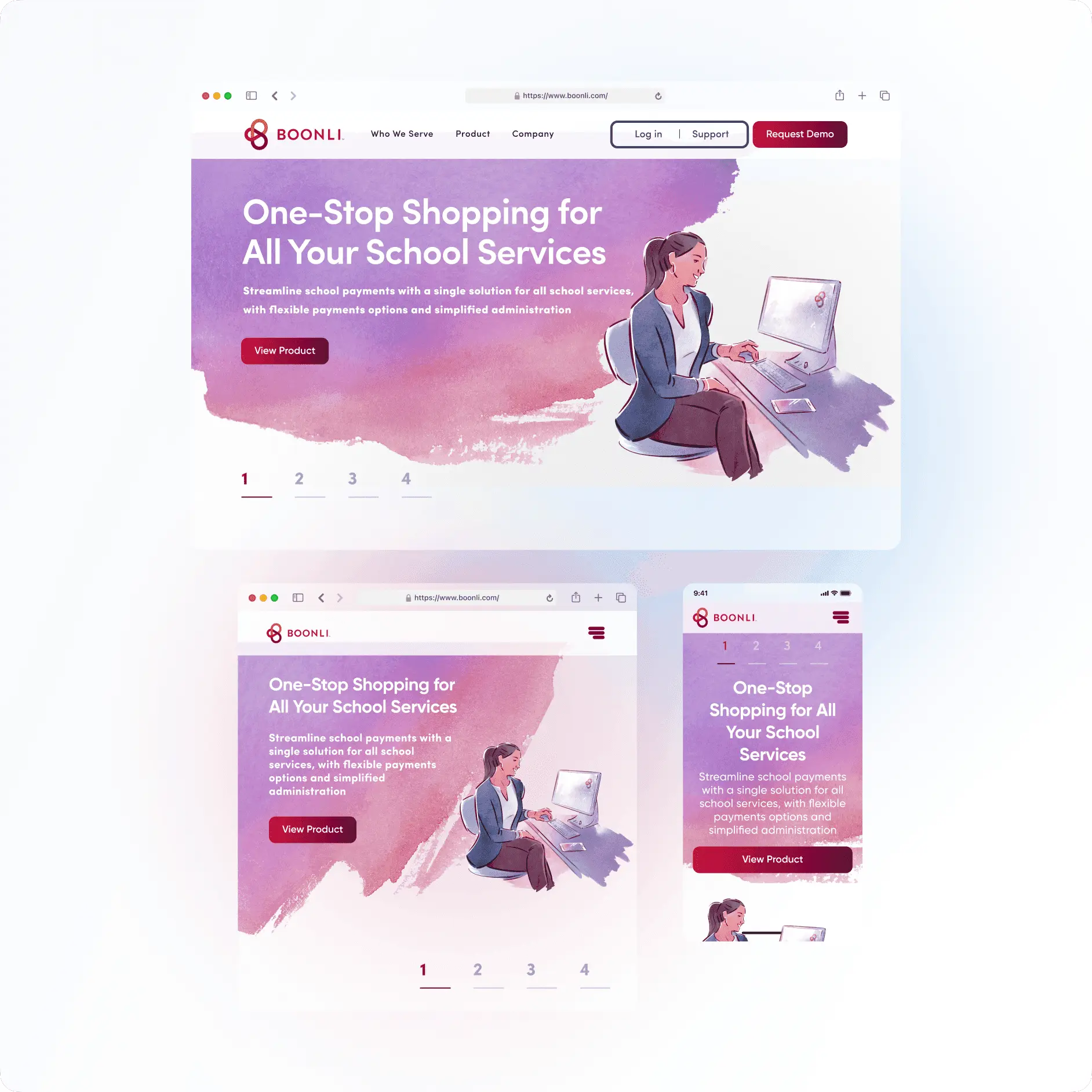 The homepage hero, 'One-Stop Shopping for All Your School Services', at desktop, tablet and phone widths over a painted magenta wash