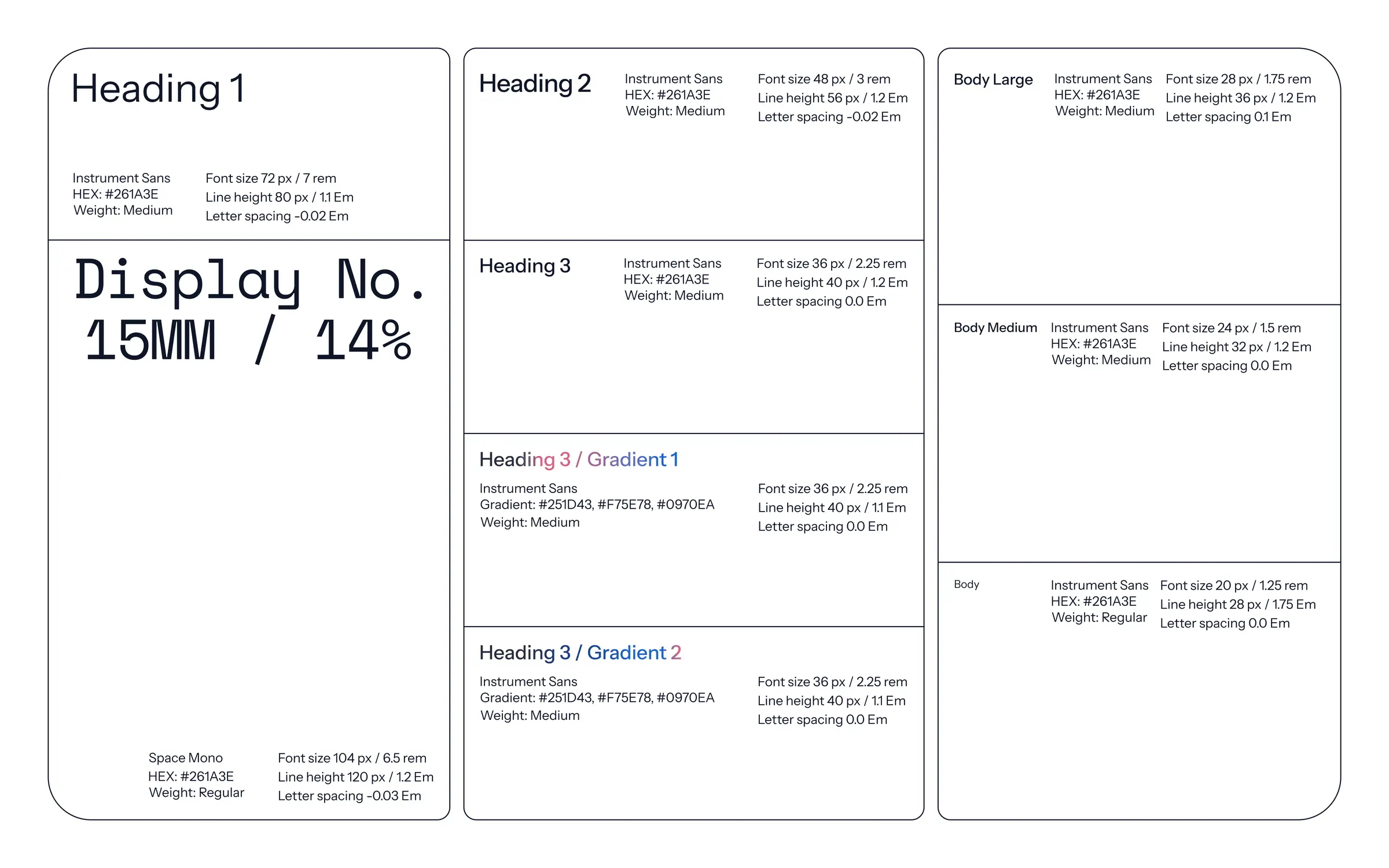 Type scale specimen: display, heading and body styles in Instrument Sans and Space Mono, each labelled with its size, line height and letter spacing