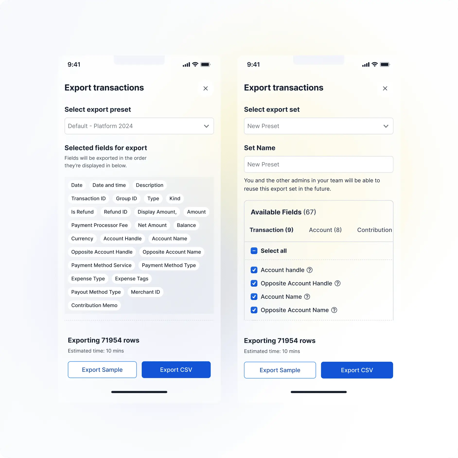 Two phone screens for exporting transactions: chips listing the fields already selected, and a checklist of the ones available, both reporting 71,954 rows