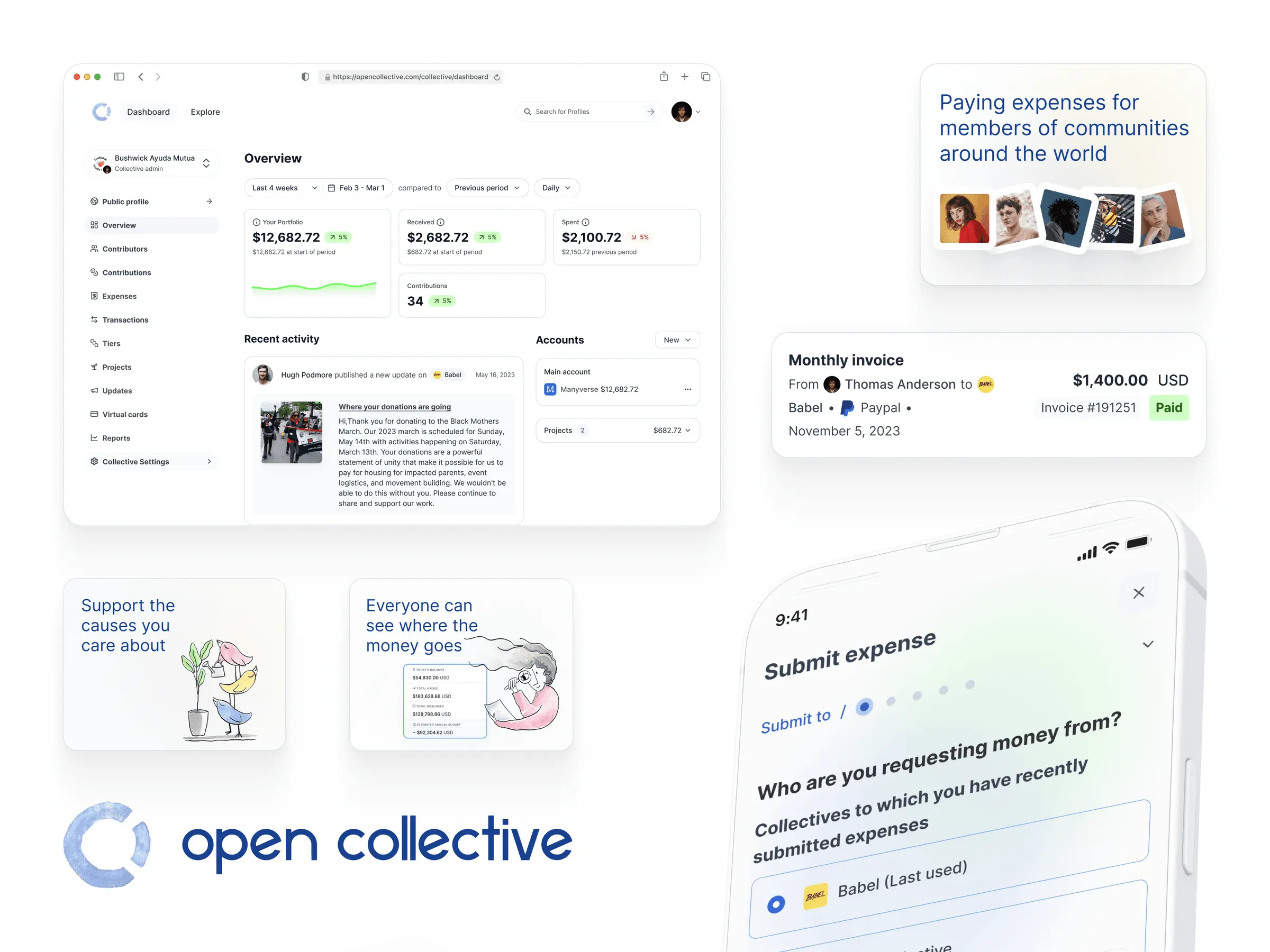 A second collage: the dashboard top left, a paid invoice row, two illustrated explainer cards, the wordmark, and a tilted phone starting an expense