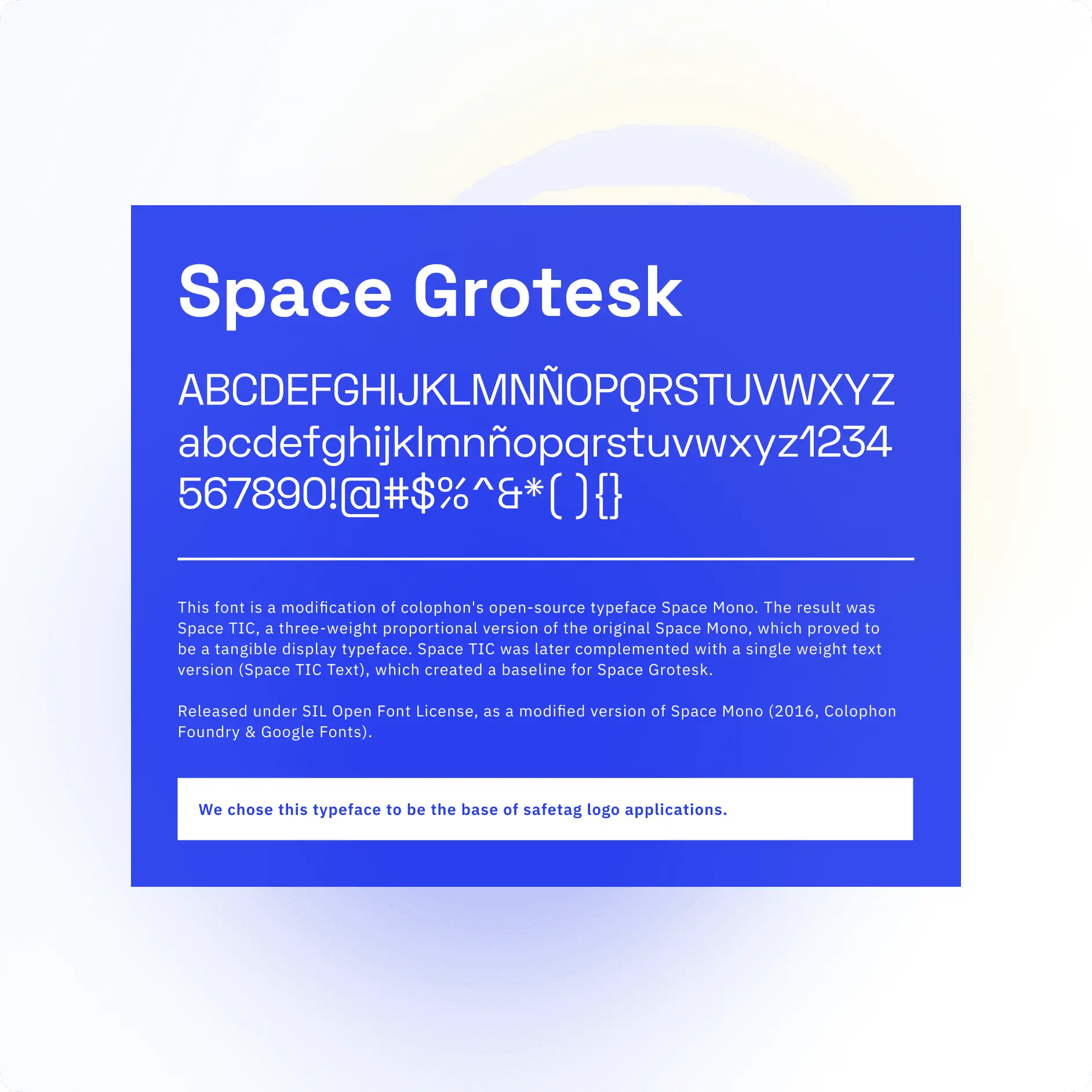 A Space Grotesk specimen in white on blue: the full character set, a note on its Space Mono origins, and the line choosing it as the base of the logo