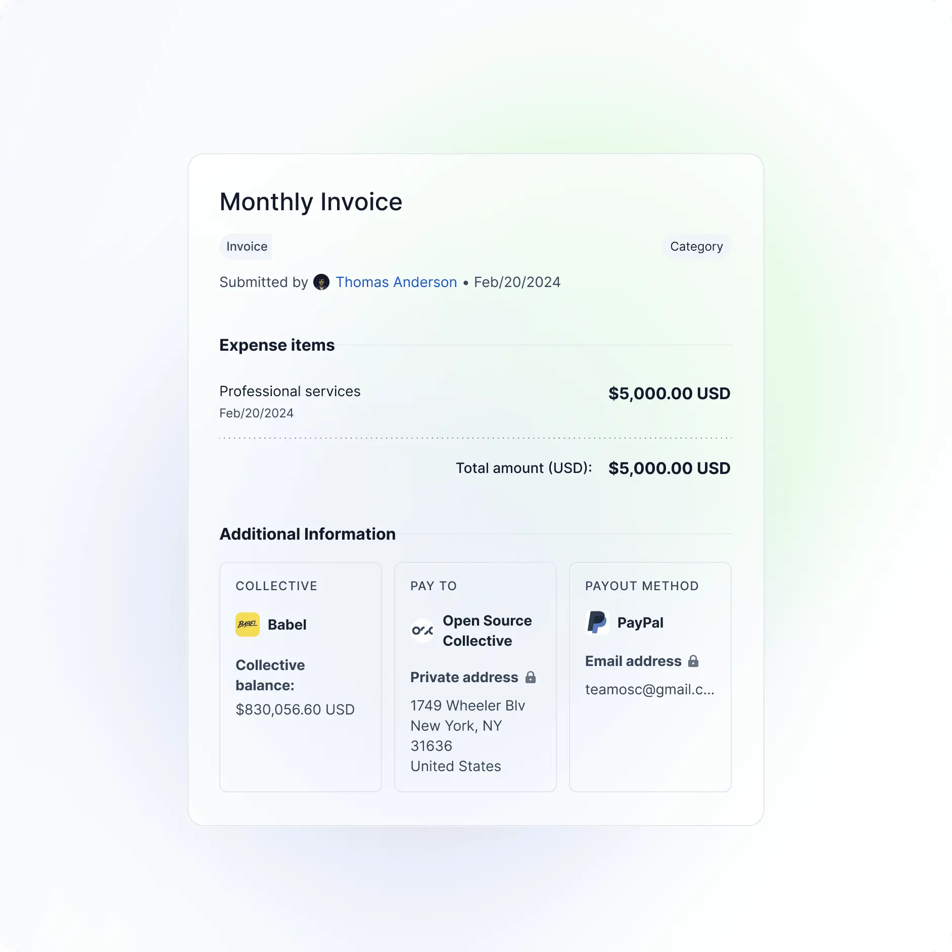 An itemised invoice for $5,000 of professional services, with collective, payee address and PayPal payout set out as three cards below