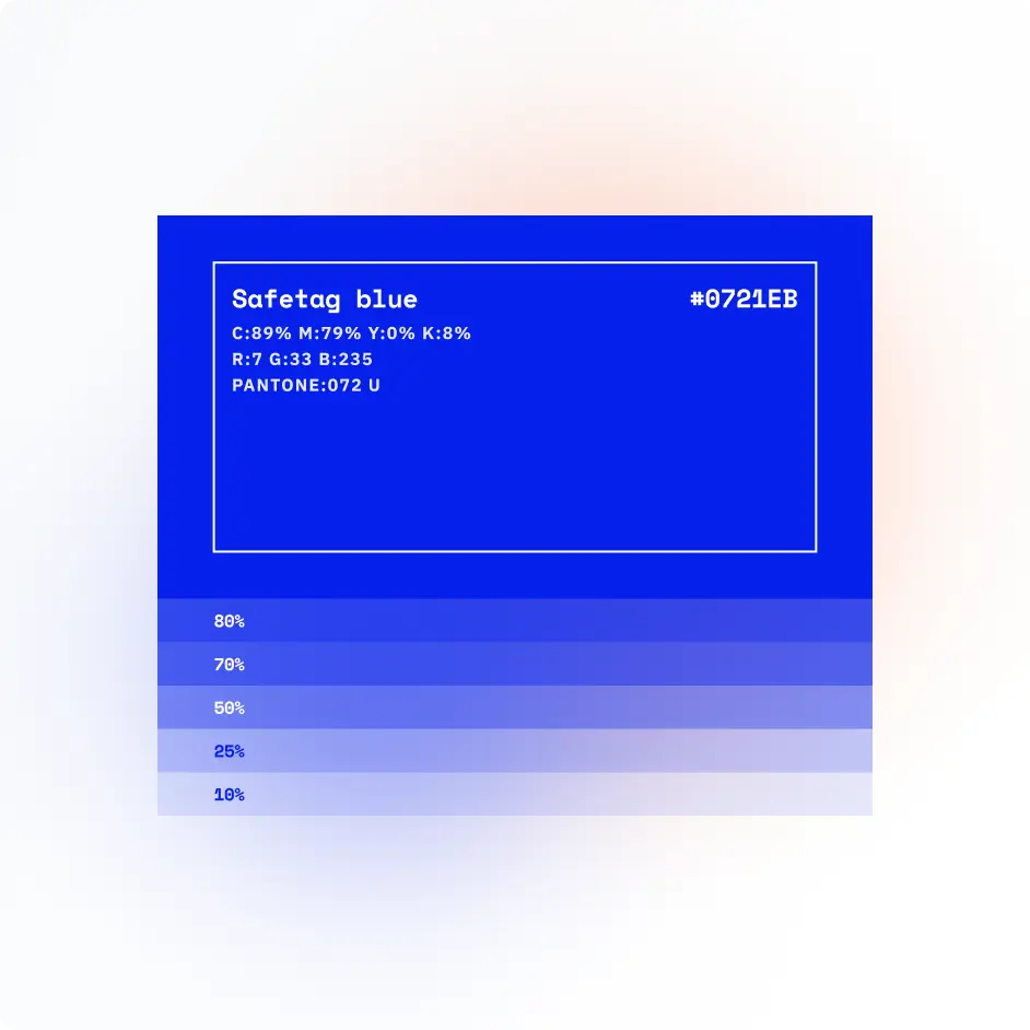 A colour specification card: a solid blue field labelled with its hex, CMYK, RGB and Pantone values, above five tint bars stepped 80, 70, 50, 25 and 10 per cent