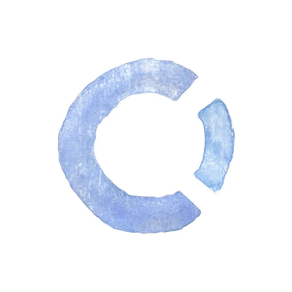 An open ring hand-painted in pale blue with a mottled, papery texture, the right side of its arc broken away into a separate crescent