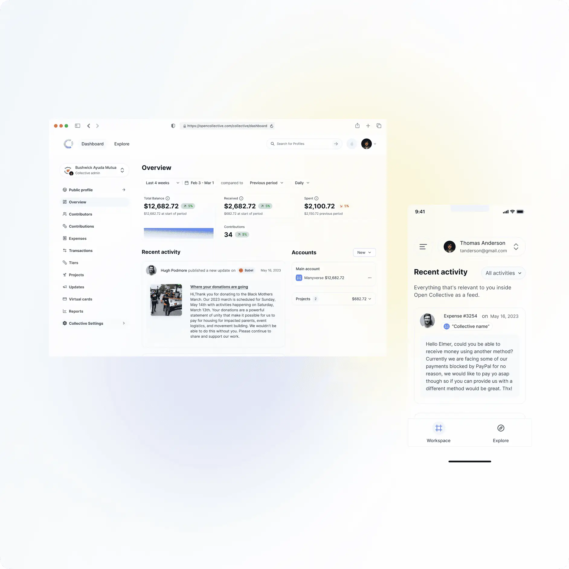 A dashboard of balance, received and spent totals above a recent-activity feed, beside the same feed on a phone
