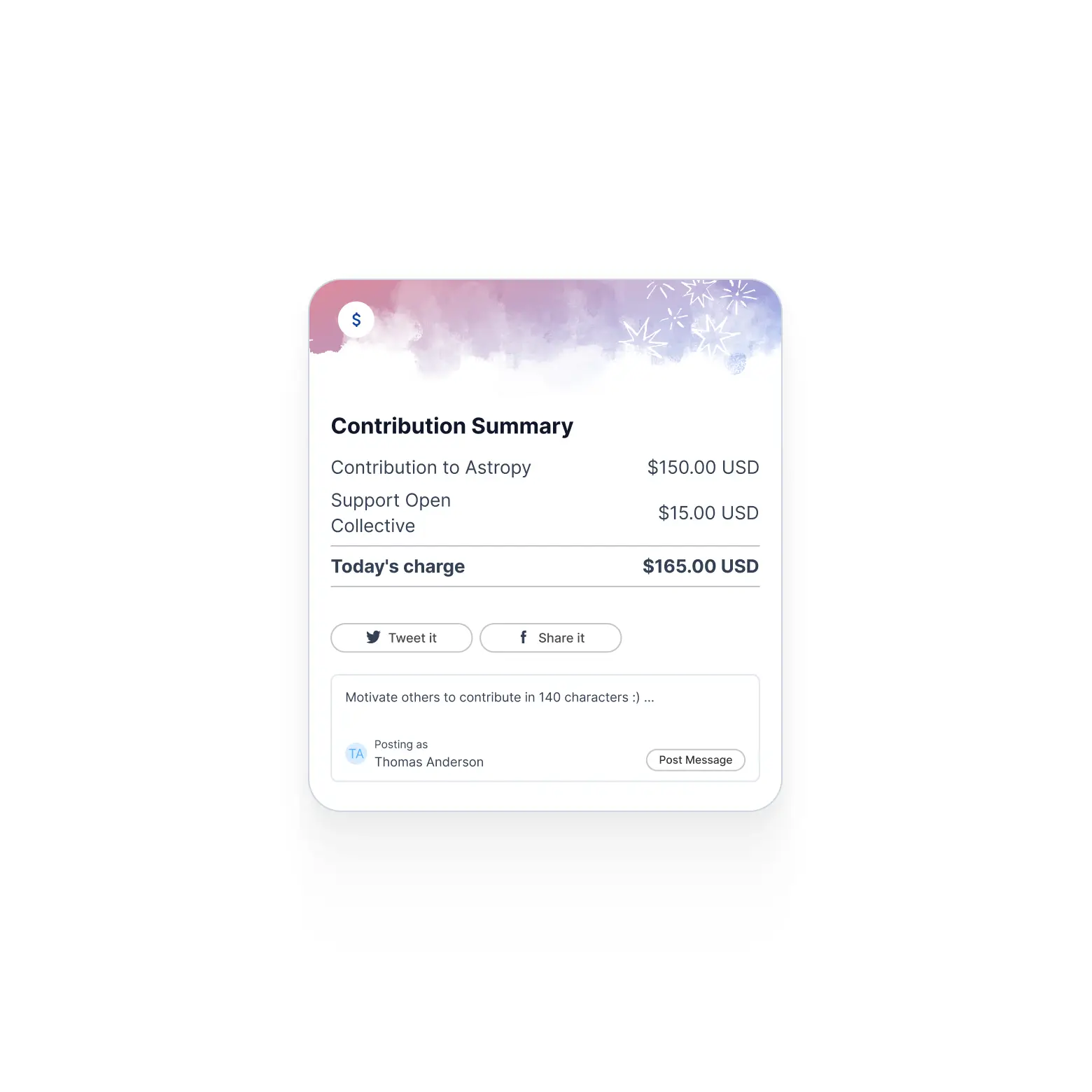 A rounded card beneath a watercolour header of pink into blue scattered with white firework bursts and a dollar coin badge, listing $150.00 USD to Astropy and $15.00 to Open Collective over a ruled $165.00 total, with Tweet it and Share it buttons and a 140-character message box below