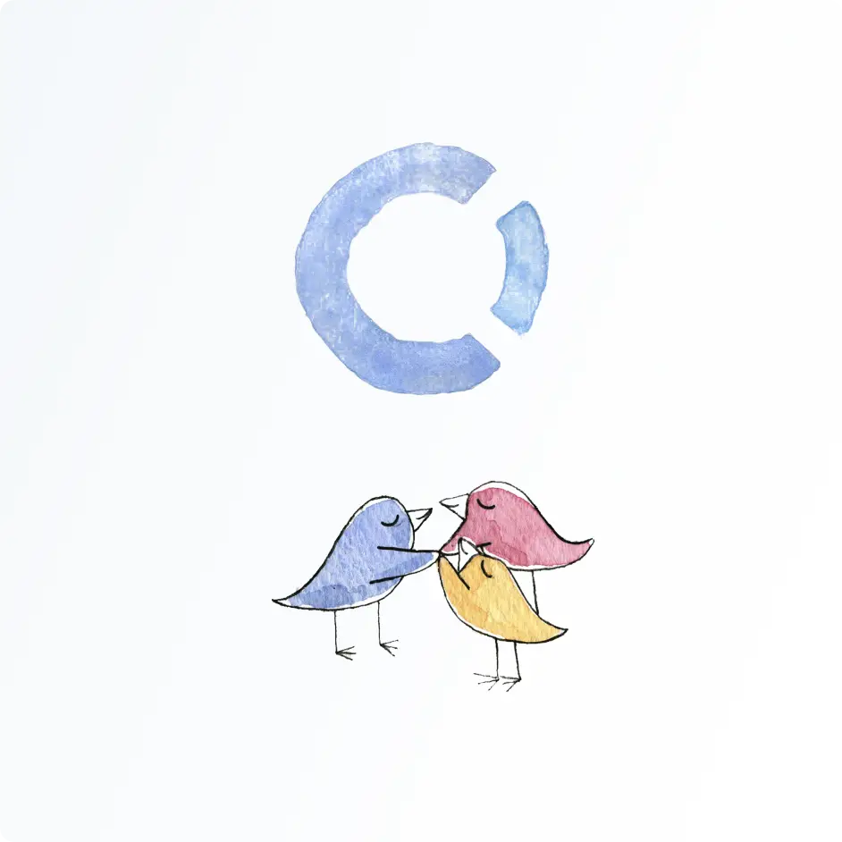 The painted open-ring mark above a loose ink and wash drawing of three small birds, blue, pink and yellow, huddled together with their eyes closed