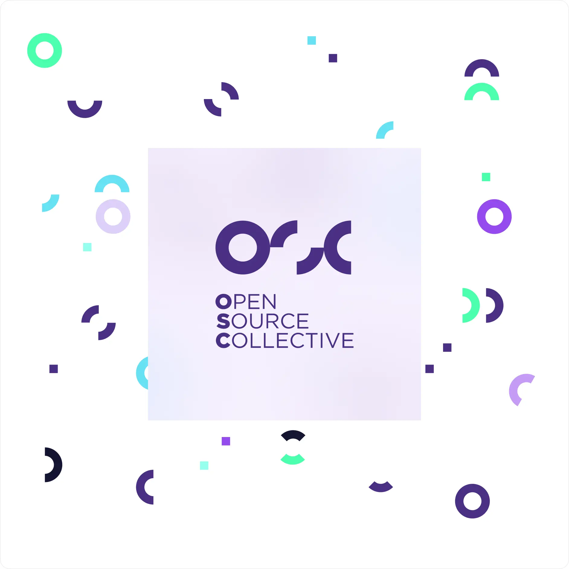 A geometric monogram in deep purple on a pale lilac square, the words Open Source Collective stacked beneath it, scattered on white among rings, arcs and small squares in purple, mint, cyan and violet