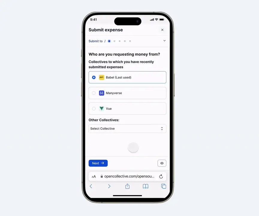 A phone showing the first step of an expense submission flow: a step-dot progress row above the question of who money is being requested from, three recently used collectives as radio options with the first selected, an Other Collectives picker, and a Next button