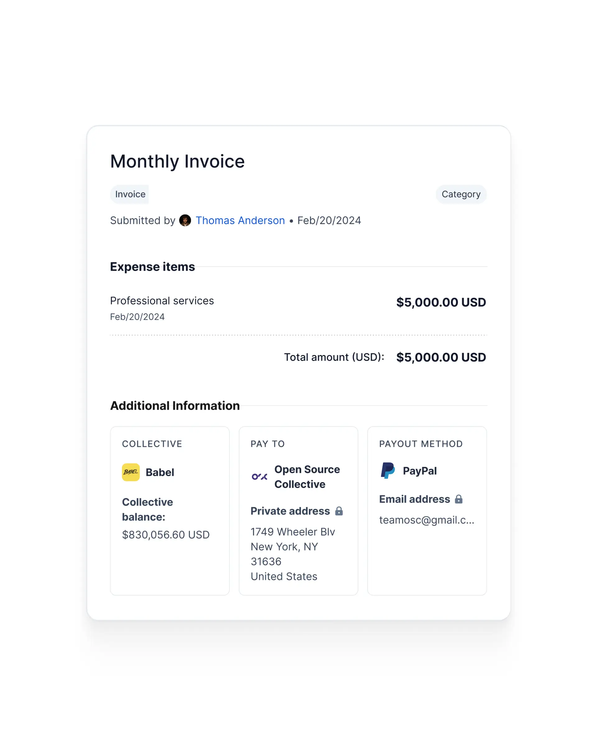 An expense detail card headed Monthly Invoice: a single line item for professional services at 5,000 dollars, and three panels beneath naming the collective and its balance, a lock-marked private payout address, and PayPal as the payout method