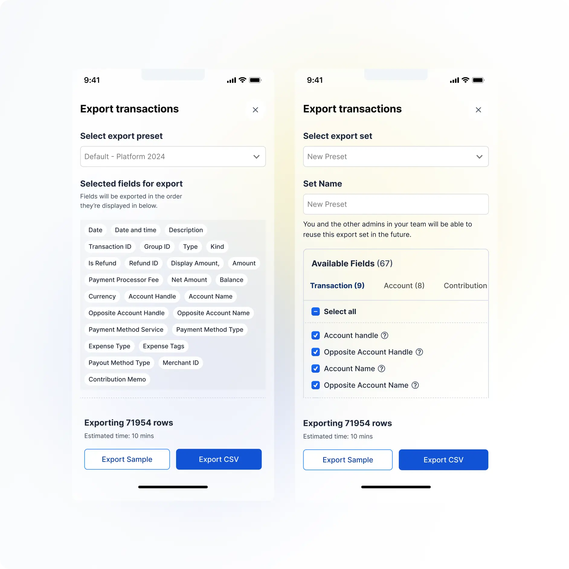 Two phone screens of an export sheet: one listing the selected fields as chips under a saved preset, the other naming a new set above a checklist of available fields, both footed by a row count and an Export CSV button
