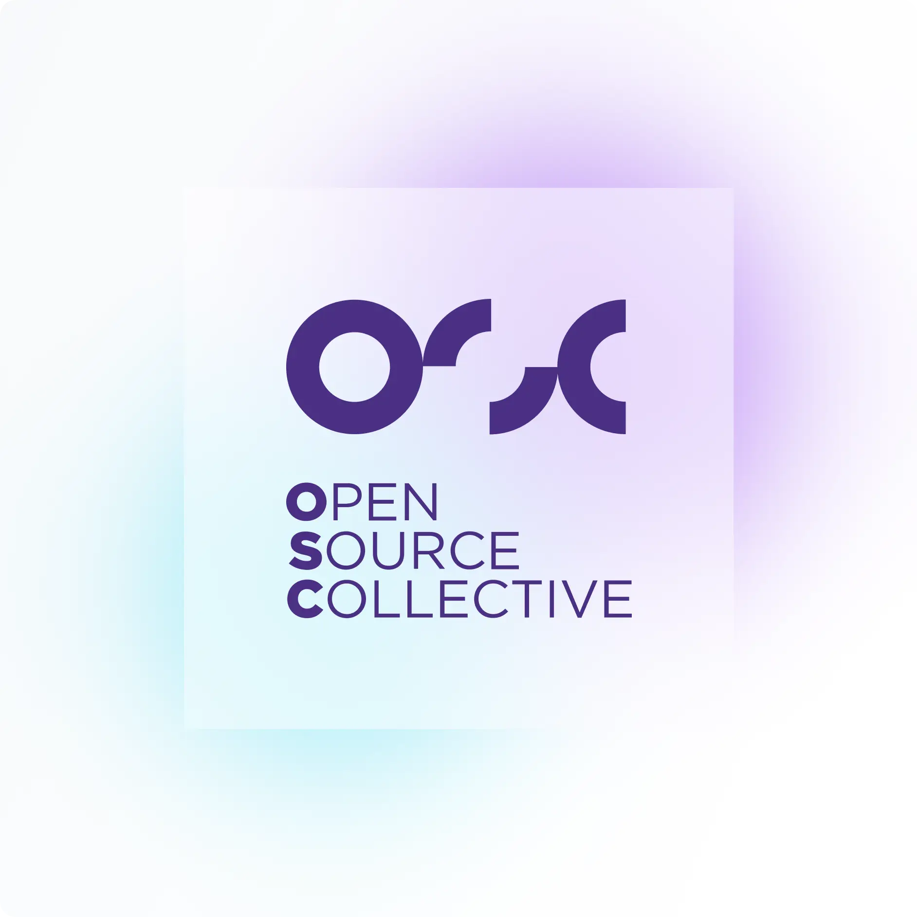 A geometric monogram in deep purple on a translucent panel over a mint to lilac gradient, with the words Open Source Collective stacked beneath it