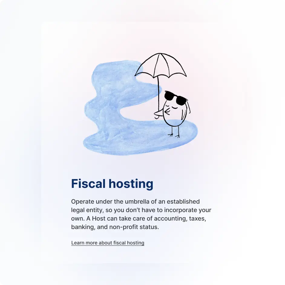 A marketing card: an ink-drawn bird in sunglasses sheltering under an open umbrella on a blue watercolour puddle, above a heading, a short explanatory paragraph and a Learn more link