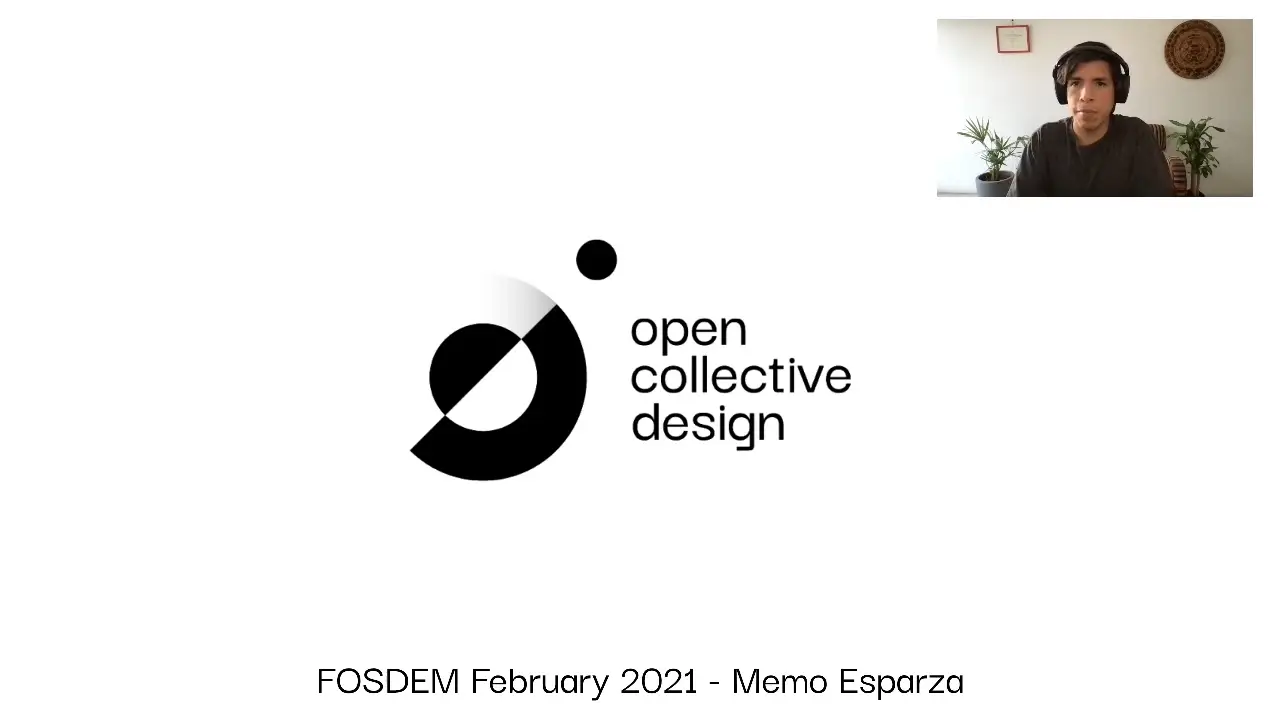 Title slide of the FOSDEM 2021 talk: the Open Collective Design mark and the line FOSDEM February 2021, Memo Esparza, with Memo on camera in the top corner