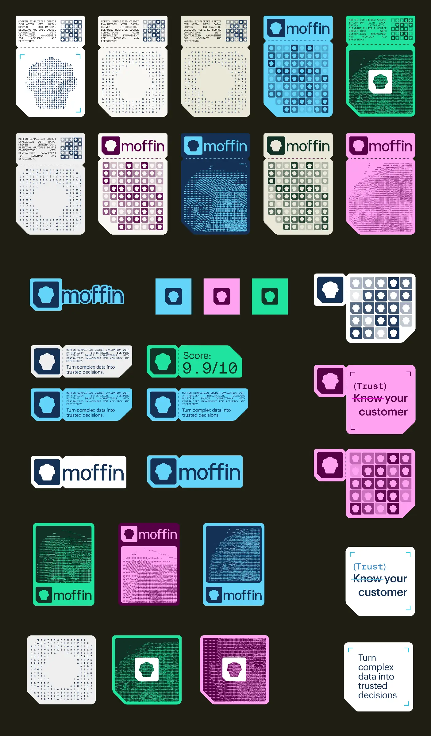 A sheet of sticker designs on near-black: rounded cards in cyan, mint, pink, cream and navy, each pairing a squared cupcake mark with a wordmark, a monospaced blurb, a grid of small marks or an ASCII-rendered portrait, plus tabs reading Score 9.9 out of 10 and Know your customer with Know struck through