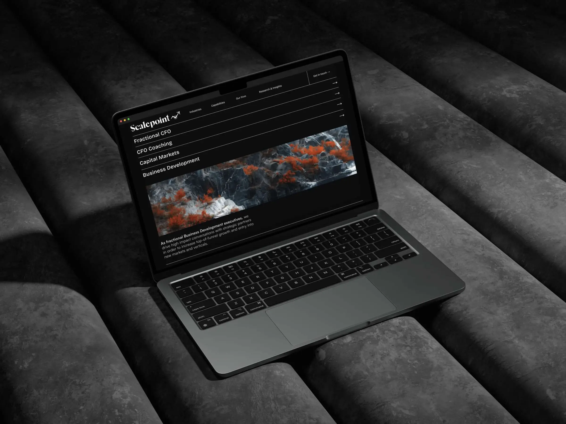 A laptop on dark upholstery showing a capabilities page — fractional CFO, CFO coaching, capital markets, business development — over a photograph of rock and orange foliage