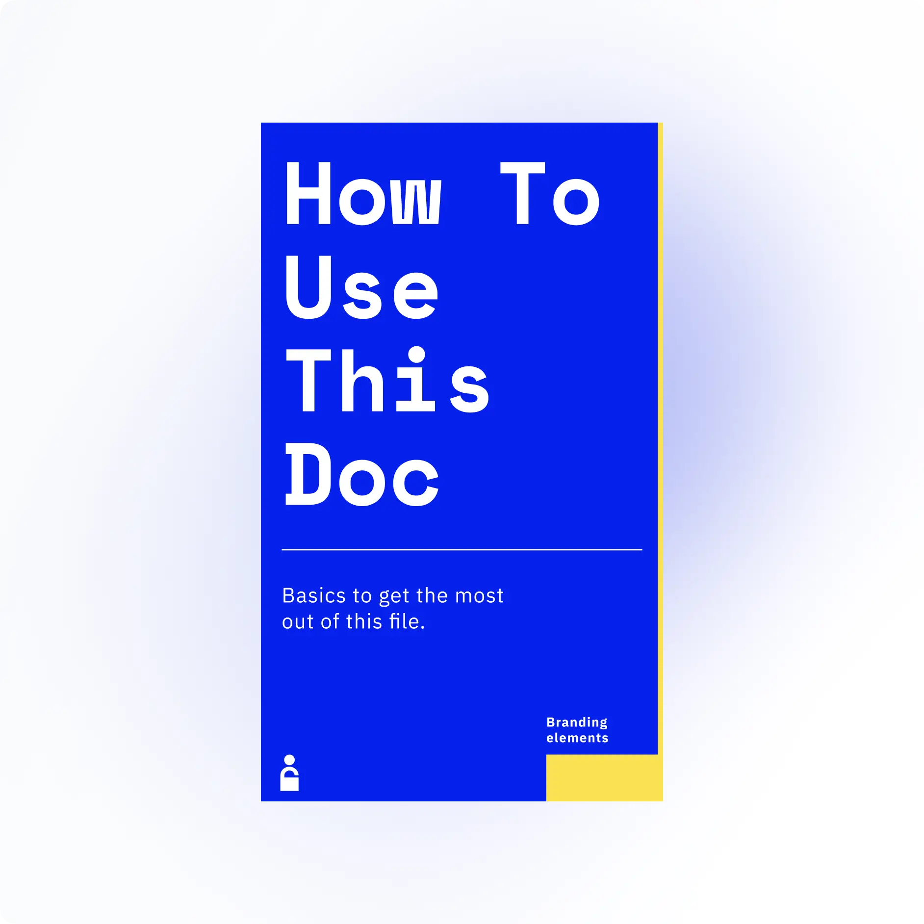 A portrait divider page in solid blue: a four-line title set in monospace above a rule and a two-line subtitle, a small section label at the lower right, a white person pictogram in the corner, and a yellow block offset behind the page edge