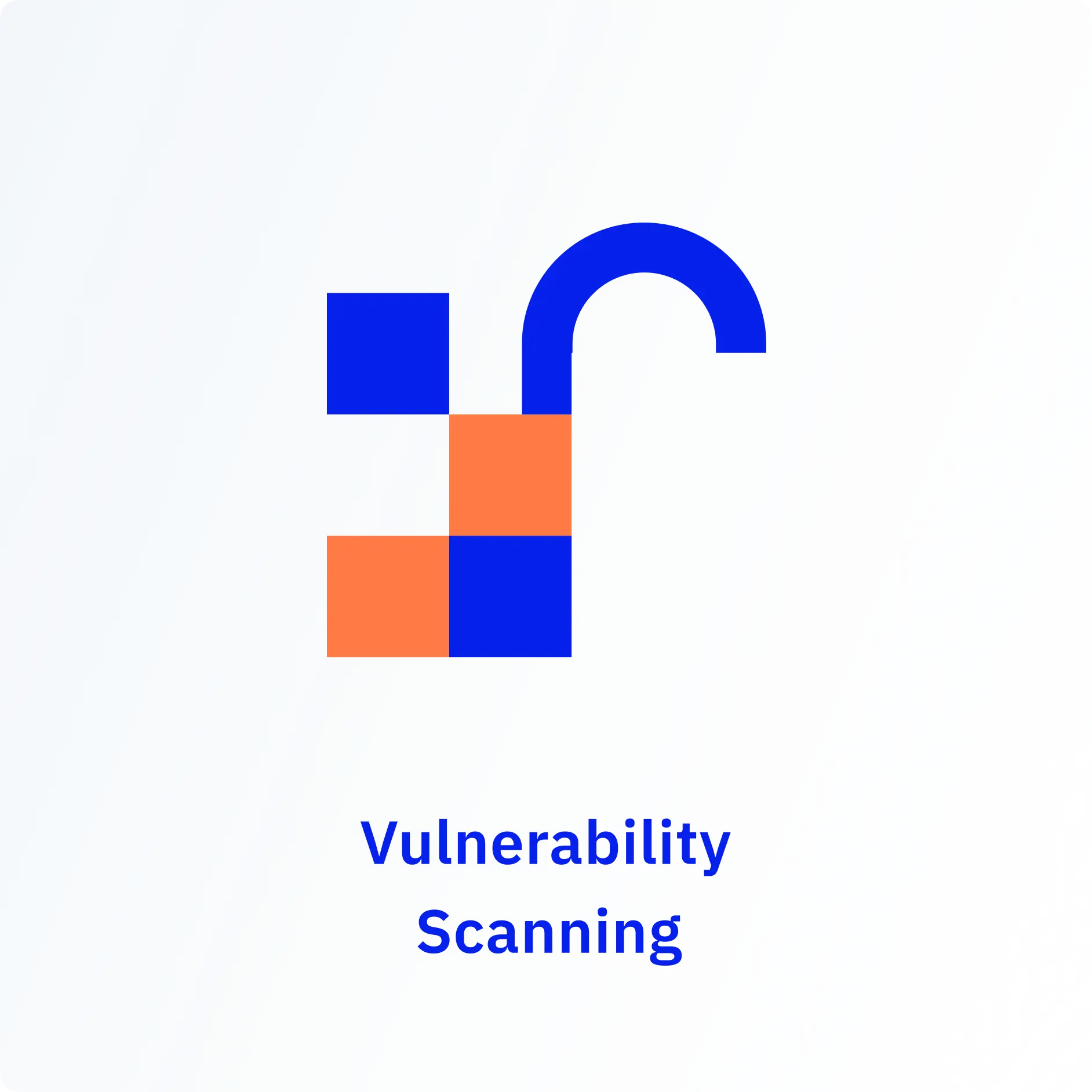 An icon on a pale card: an open padlock whose body is a checkerboard of blue and orange squares, its shackle swung clear to one side, captioned Vulnerability Scanning
