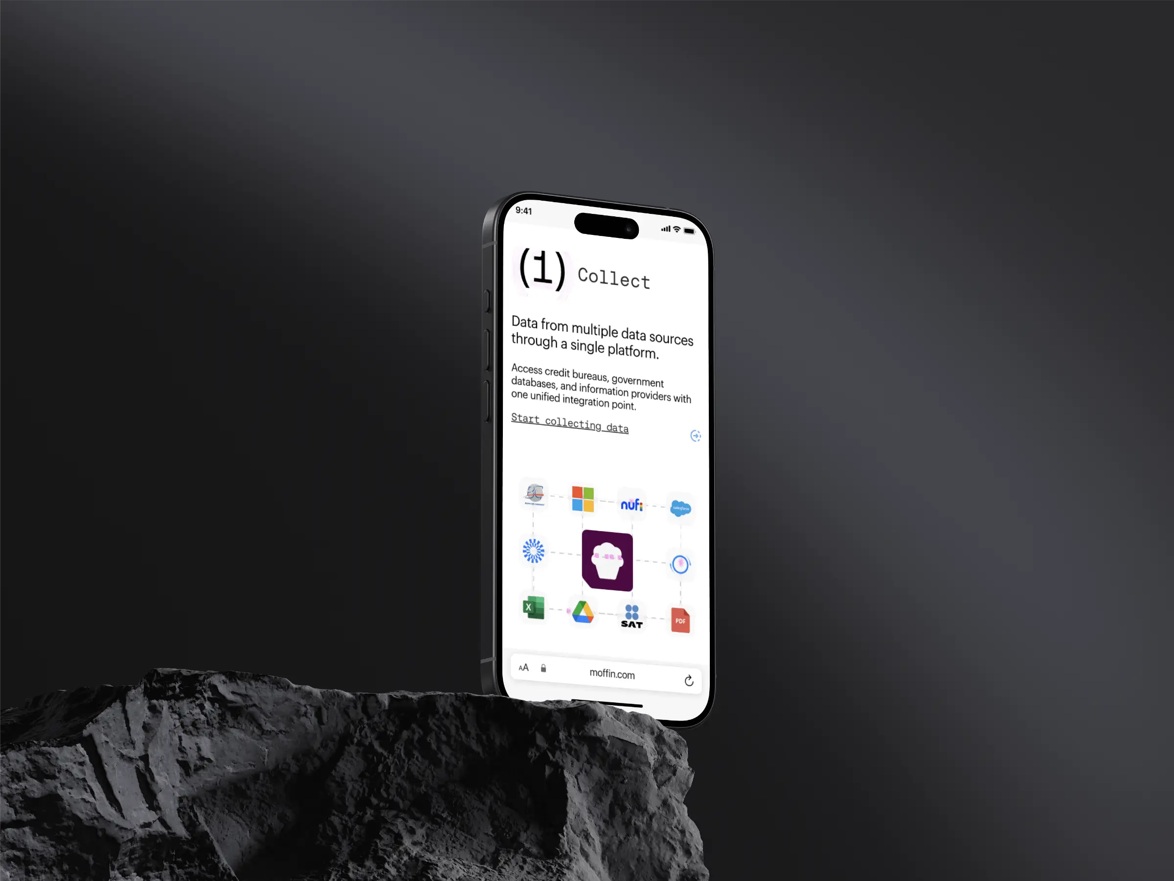 A phone standing on a grey rock outcrop against near-black, its screen a numbered step about reaching many data sources through one platform, over a grid of provider logos ringing a purple app mark, the address bar reading moffin.com