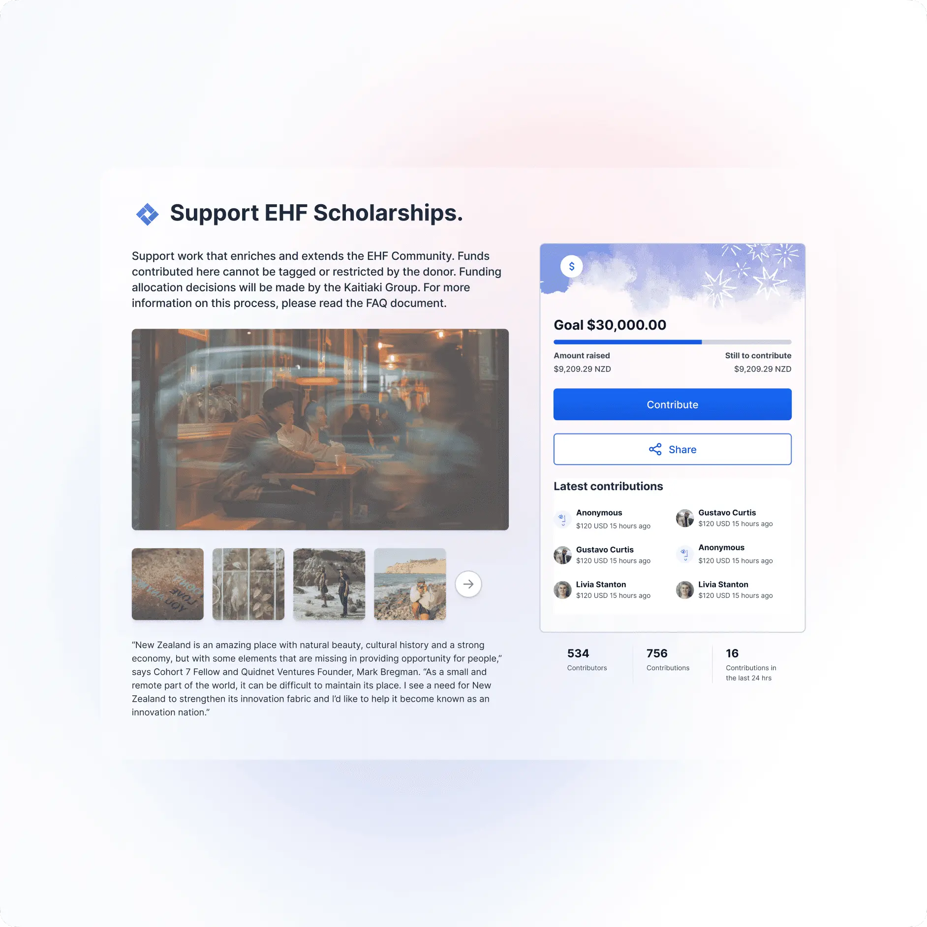 A fundraising page for EHF Scholarships: photo, description and a founder's quote on the left; a $30,000 goal with progress bar, Contribute button and recent donors on the right