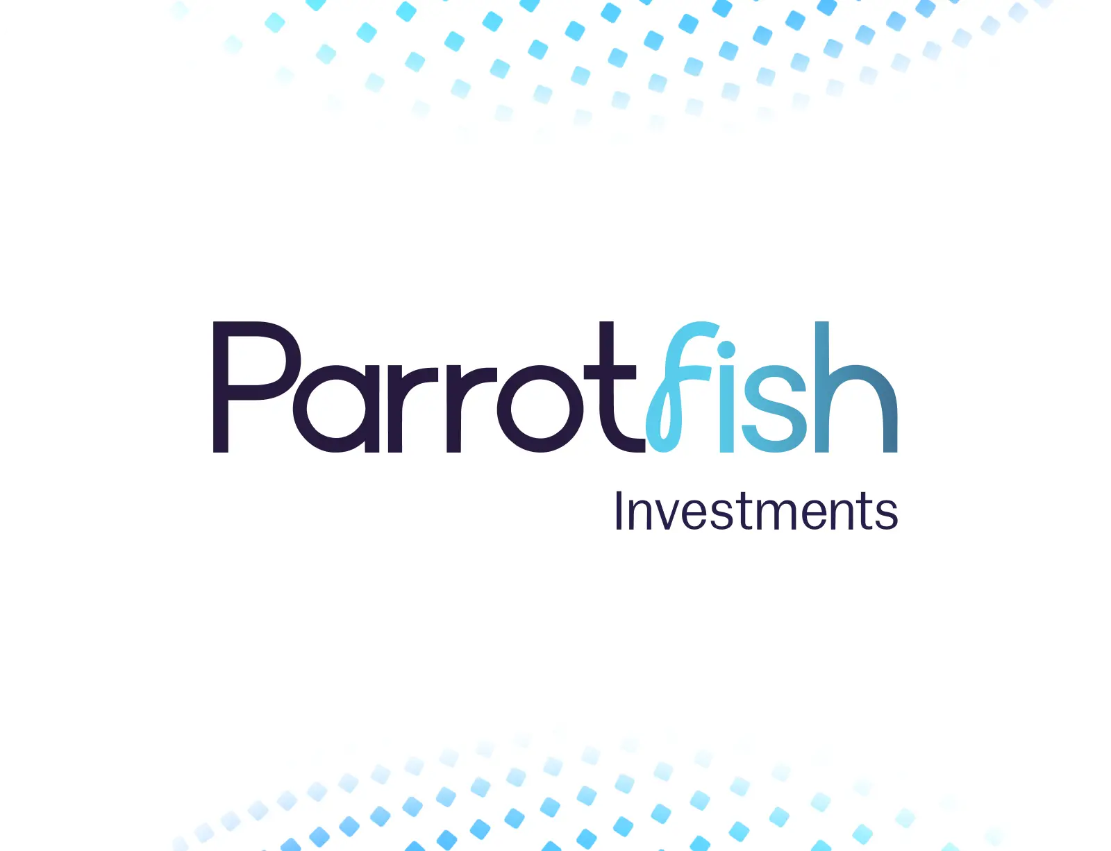 A wordmark in dark navy on white, its central letter drawn as a looping cyan-to-teal script glyph, with a smaller second word set beneath the tail, framed above and below by drifting bands of tilted blue squares