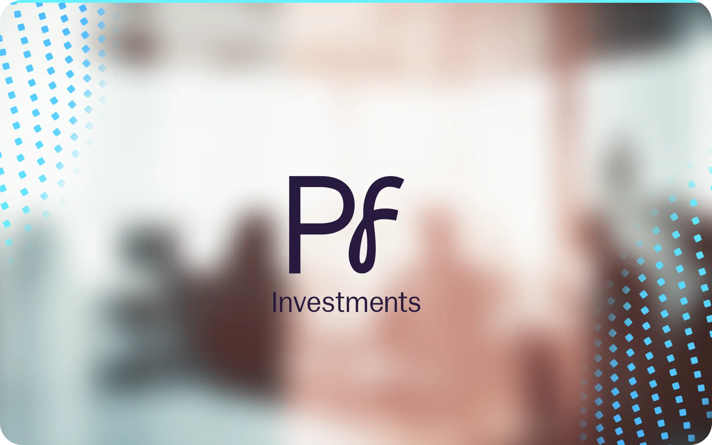 A monogram of a capital P and a looping script f in dark navy, over a heavily blurred meeting-room photograph, with drifting bands of tilted blue squares in two opposite corners
