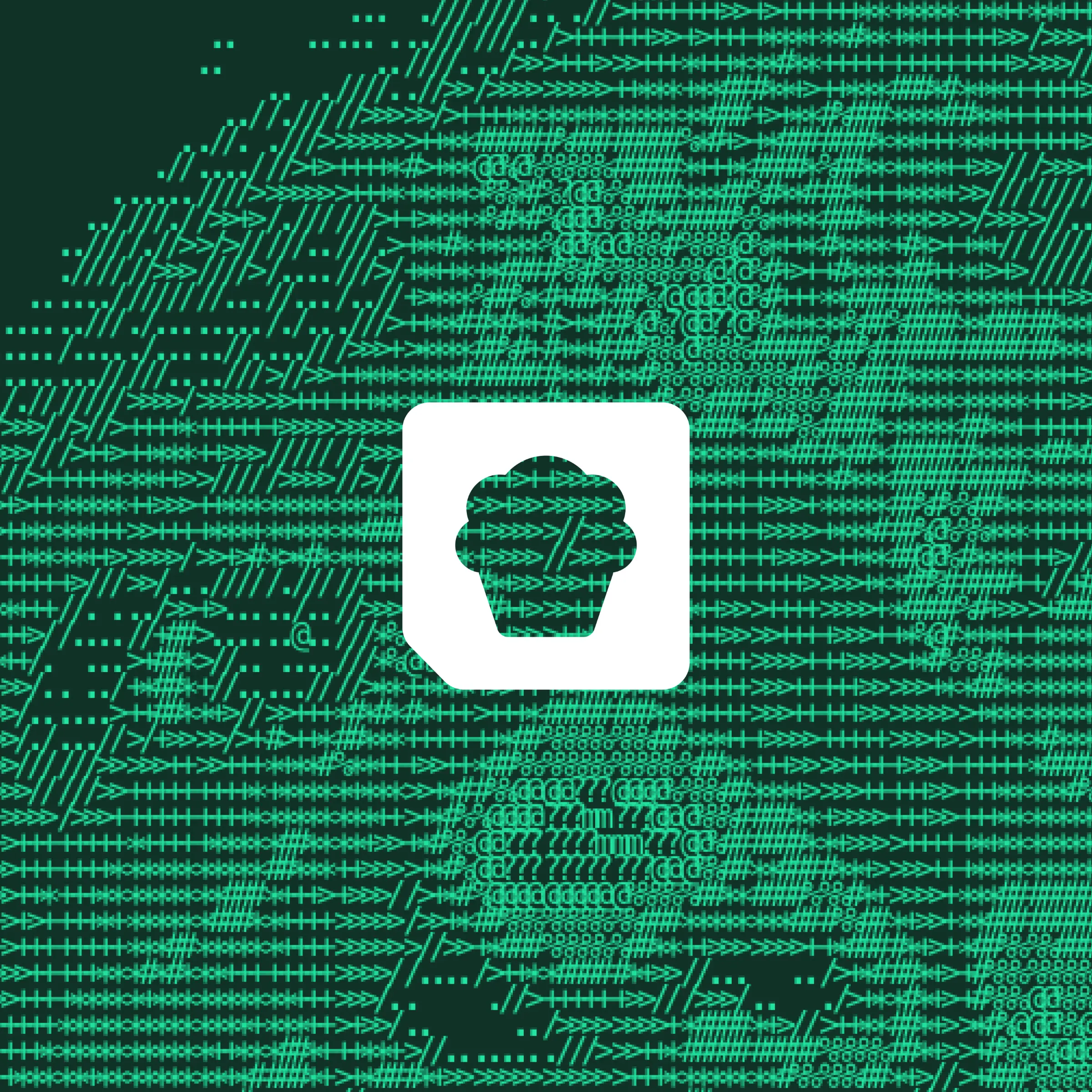 A white rounded tile carrying a cupcake mark, centred on a field of mint ASCII characters that build a portrait out of arrows, hashes and slashes on dark green