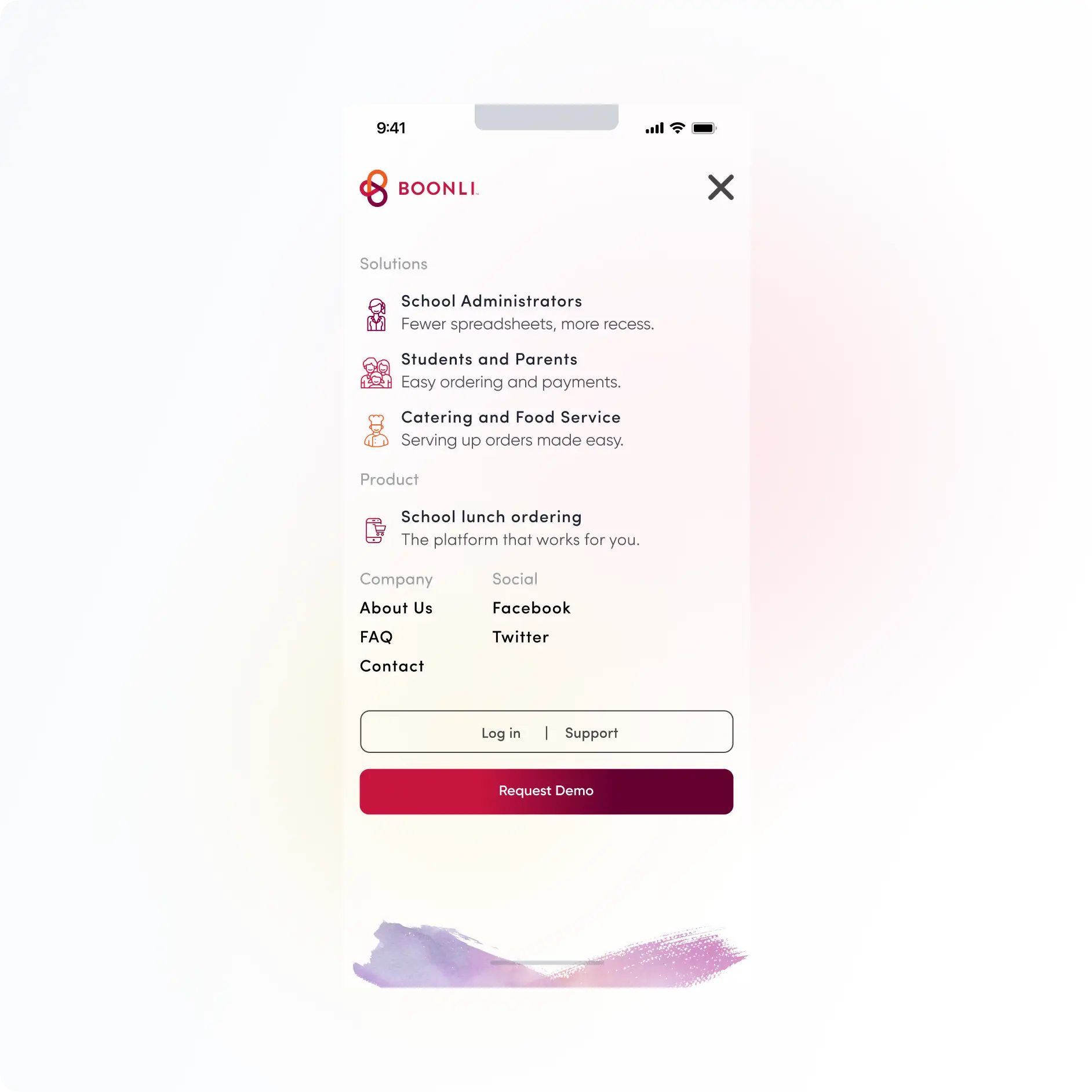 An open mobile navigation drawer: icon-led entries grouped under Solutions and Product, each with a one-line description, then Company and Social link columns, a split Log in and Support bar, and a crimson Request Demo button over a watercolour brushstroke