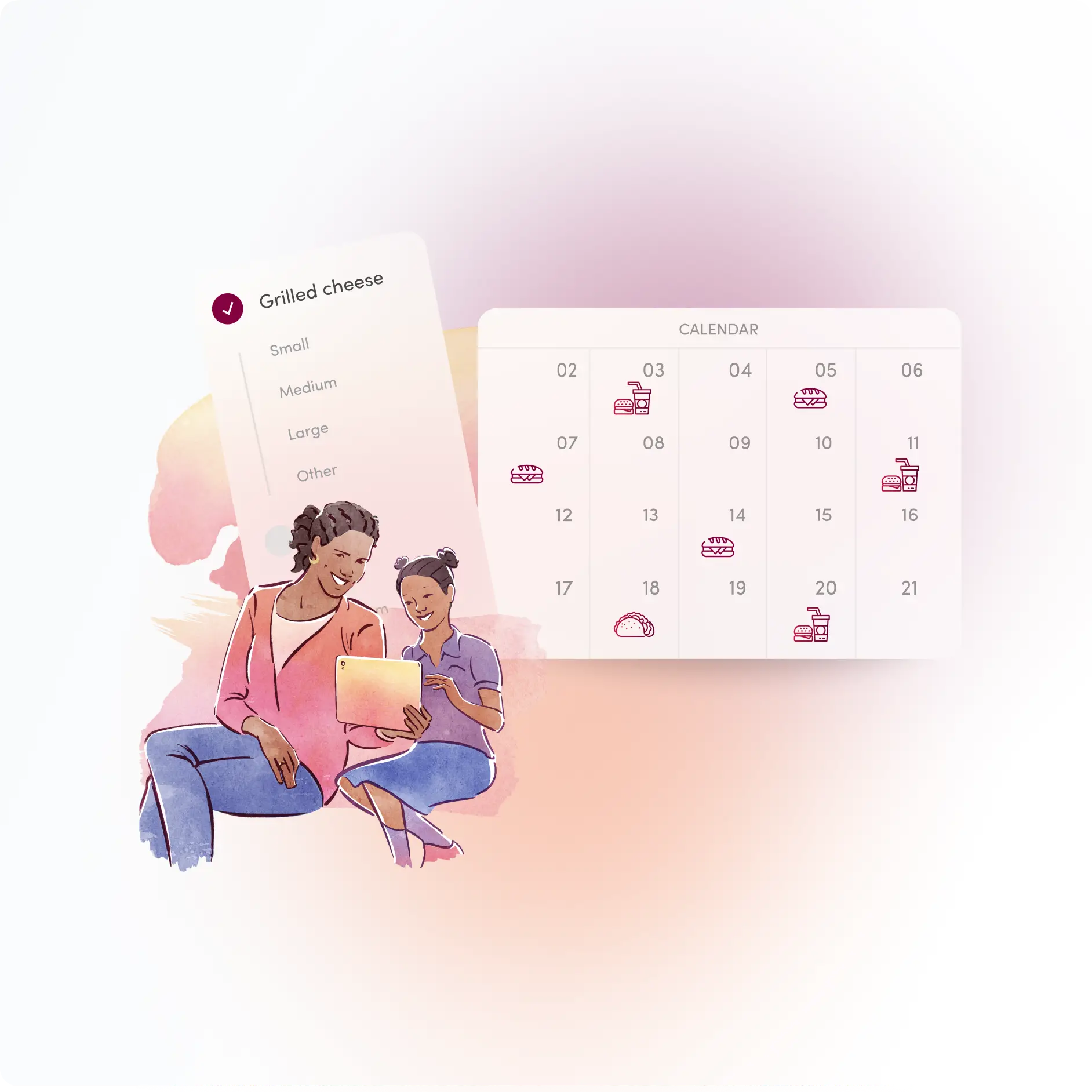 A watercolour illustration of an adult and a child sitting together over a tablet, layered with two interface panels: a tilted card offering size choices for a ticked lunch item, and a calendar whose dates carry small line-drawn sandwich, taco and drink icons