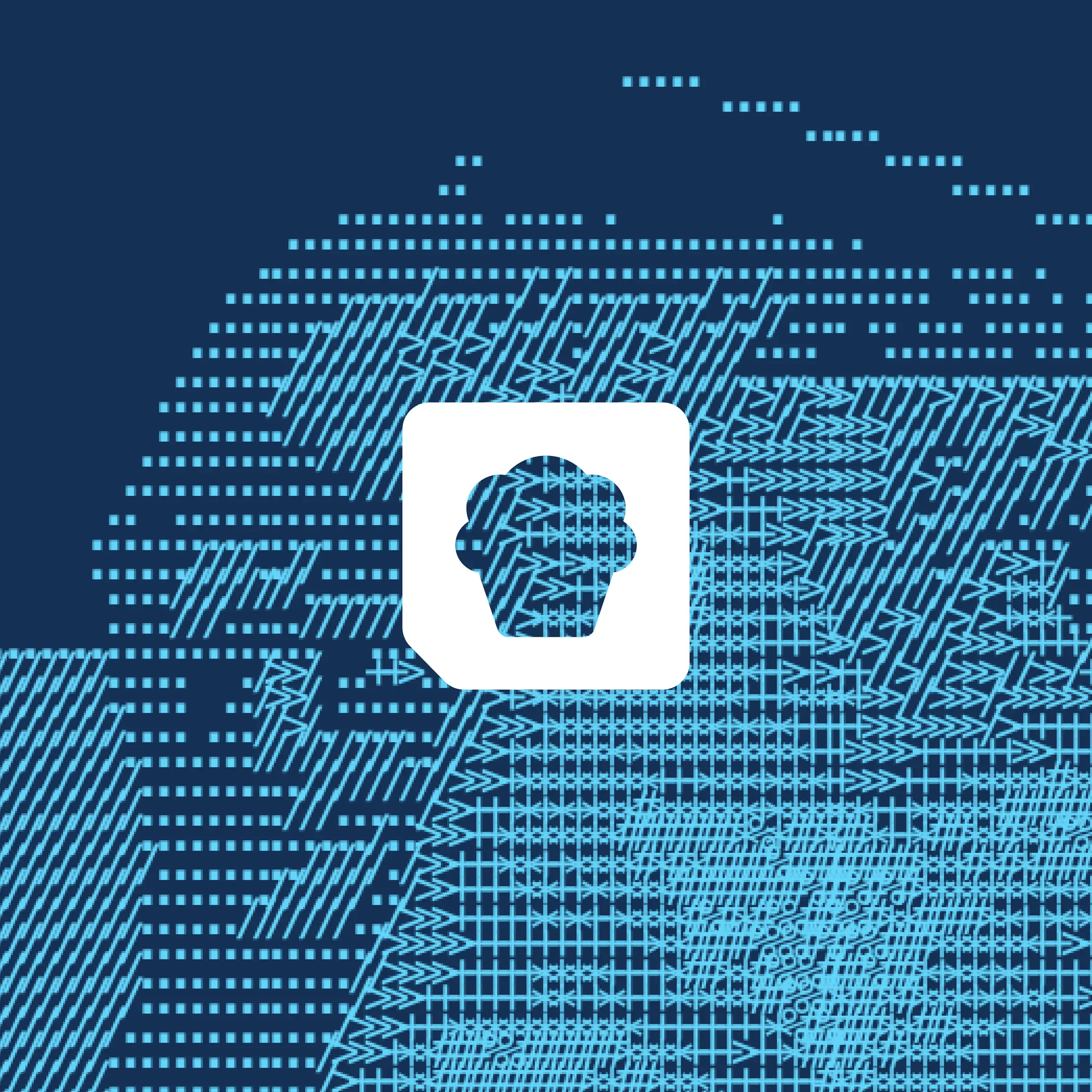 A rounded white tile carrying a muffin icon, knocked out of a dense cyan field of ASCII-like marks on navy