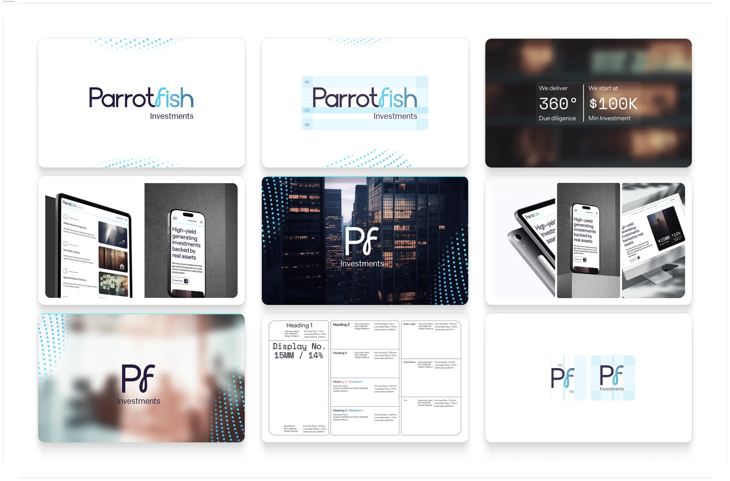 A nine-tile brand board on black: the wordmark plain and again on a clearspace grid, a statistics panel over a blurred cityscape, tablet and phone screen mockups, the monogram over a night skyline edged with a dotted halftone, a device trio, and a type specimen sheet of heading and body specs