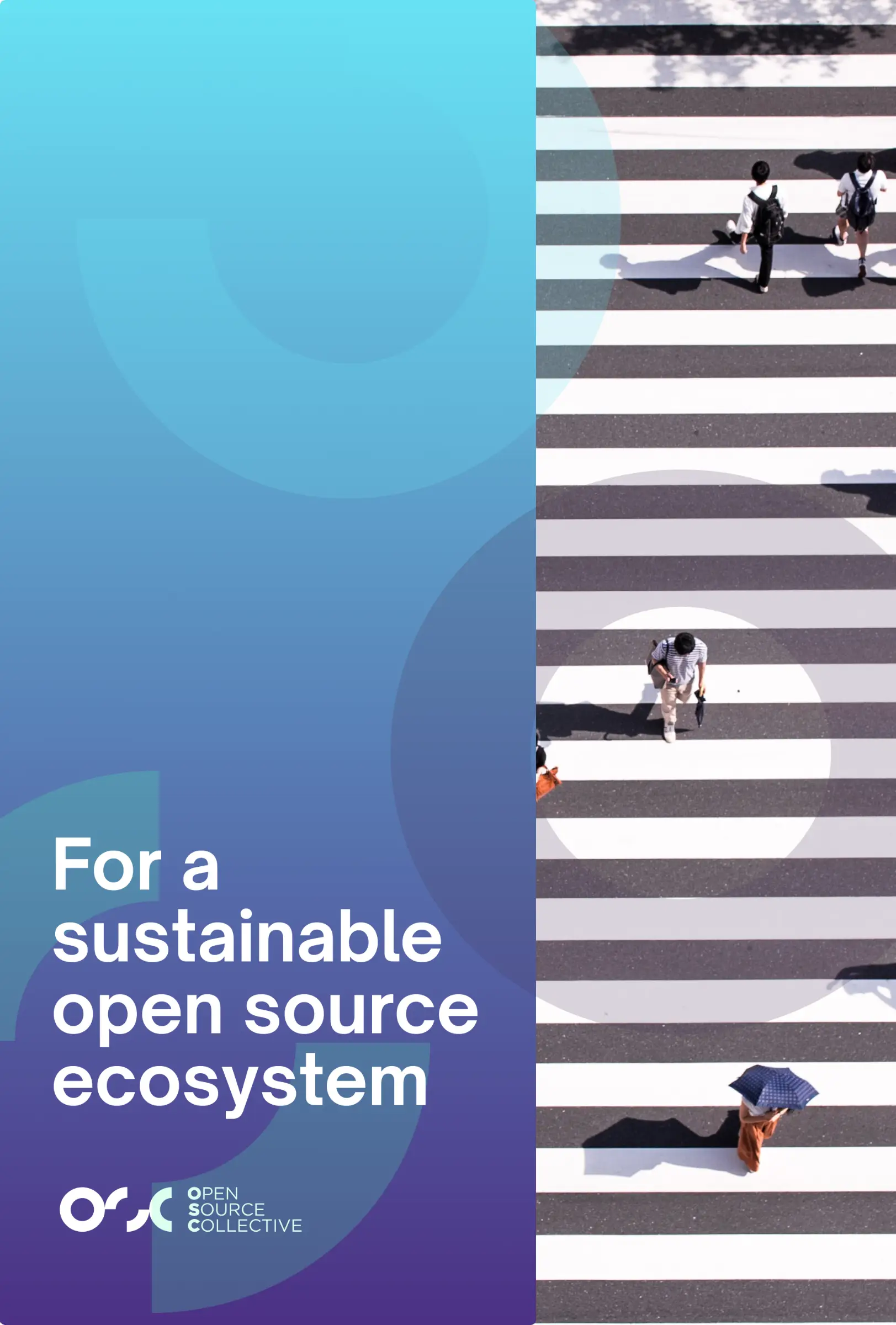 A portrait poster split vertically: a cyan to violet gradient panel carrying a white headline and the stacked logo lockup, beside an overhead photograph of pedestrians on a wide zebra crossing overlaid with translucent brand circles