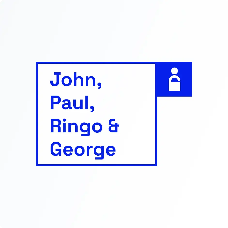 Four first names stacked in blue inside a keyline square, with a solid blue tab notched into its top-right corner carrying a white person pictogram