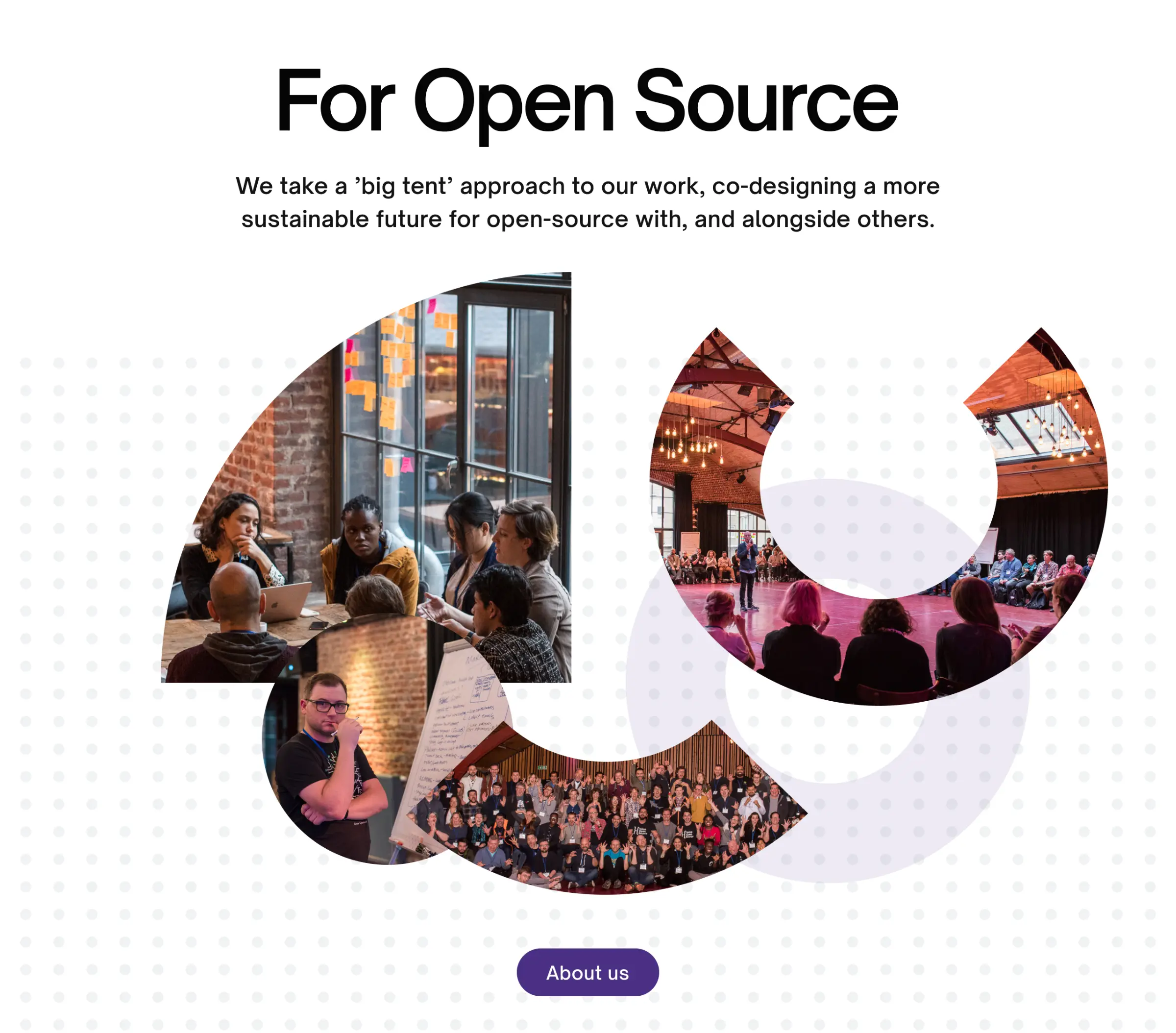 A web page section: a headline and lede above four event photographs masked into leaf and arc shapes drawn from the brandmark, showing a workshop table, a speaker addressing a seated audience, a person at a flip chart and a large group waving, over a pale dot grid with a purple About us button beneath