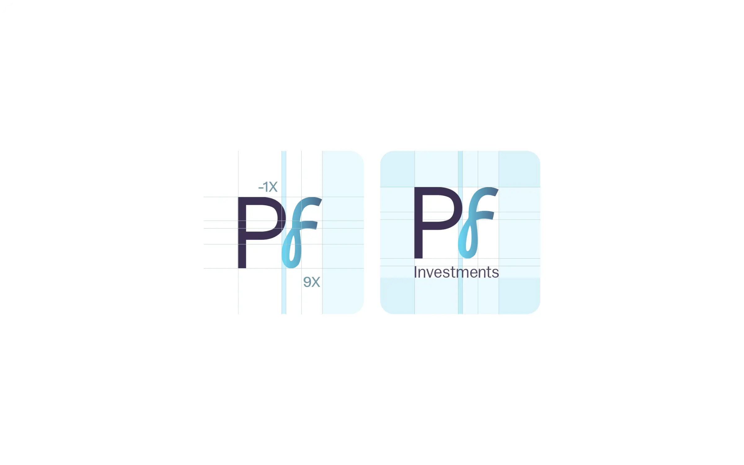 Two construction diagrams of a Pf monogram on a measurement grid: the mark alone with its clearspace marked minus 1X and 9X, and the same mark locked up above a single word inside a rounded tile
