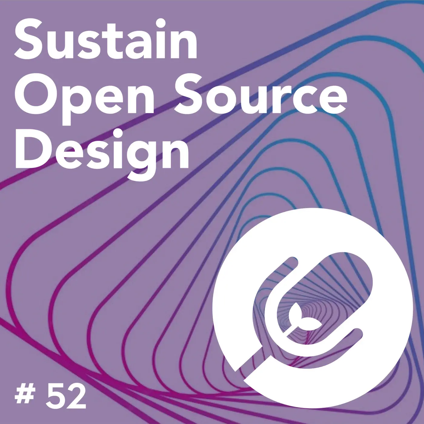 Episode 52 cover: the podcast name and microphone mark in white over nested purple and blue rounded triangles