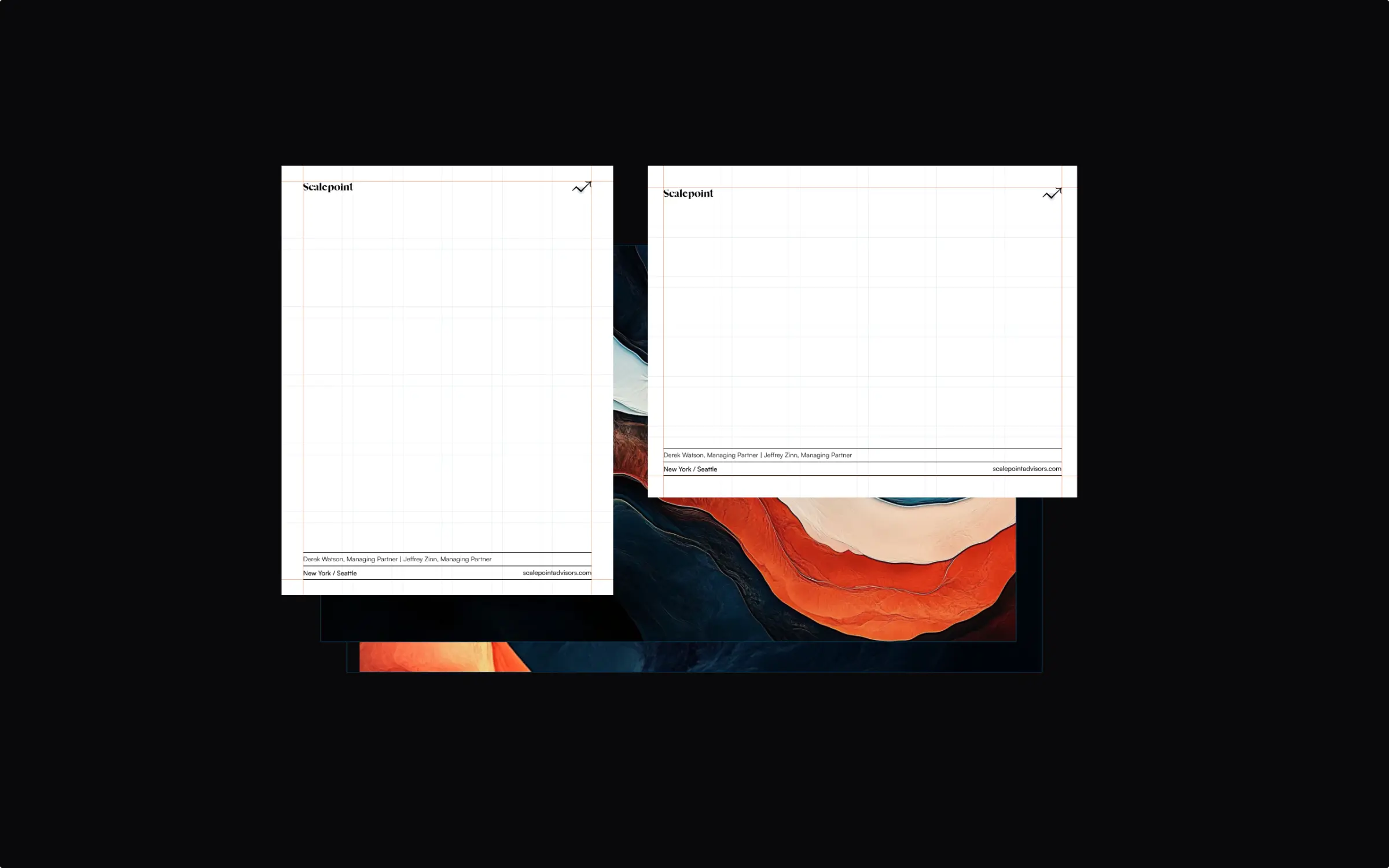 Two letterhead layouts on black, one portrait and one landscape, each with a serif wordmark, a rising arrow glyph and a faint layout grid above a footer of partner names and offices, layered over a card printed with an abstract aerial landscape in orange, cream and navy