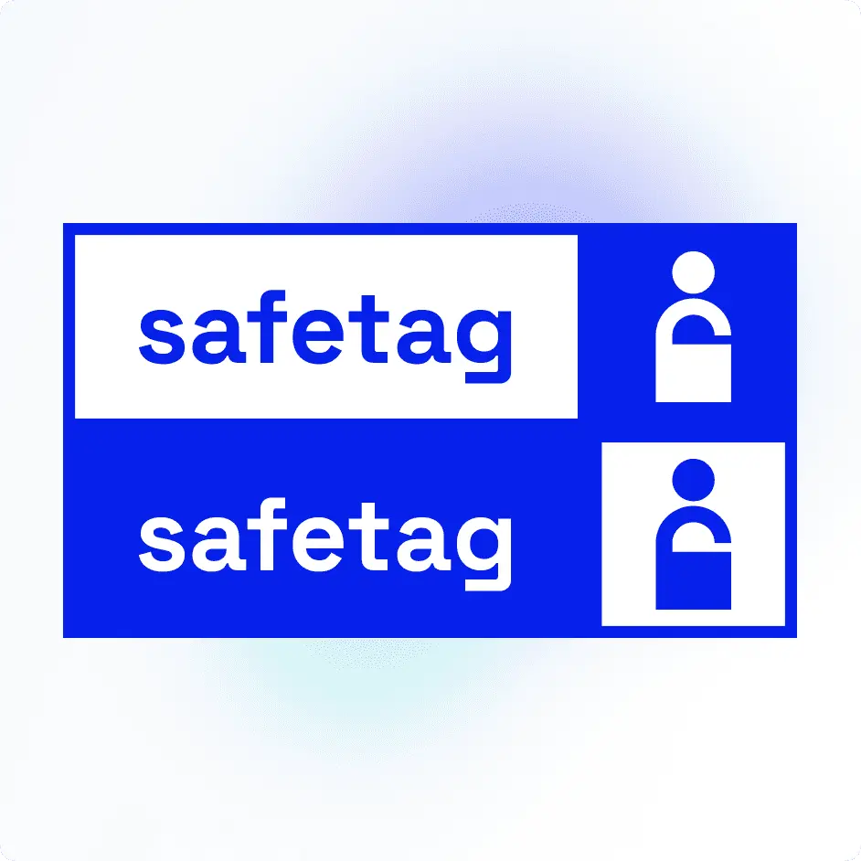 The wordmark beside its icon, a figure behind a tag, shown as a blue-on-white and white-on-blue pair
