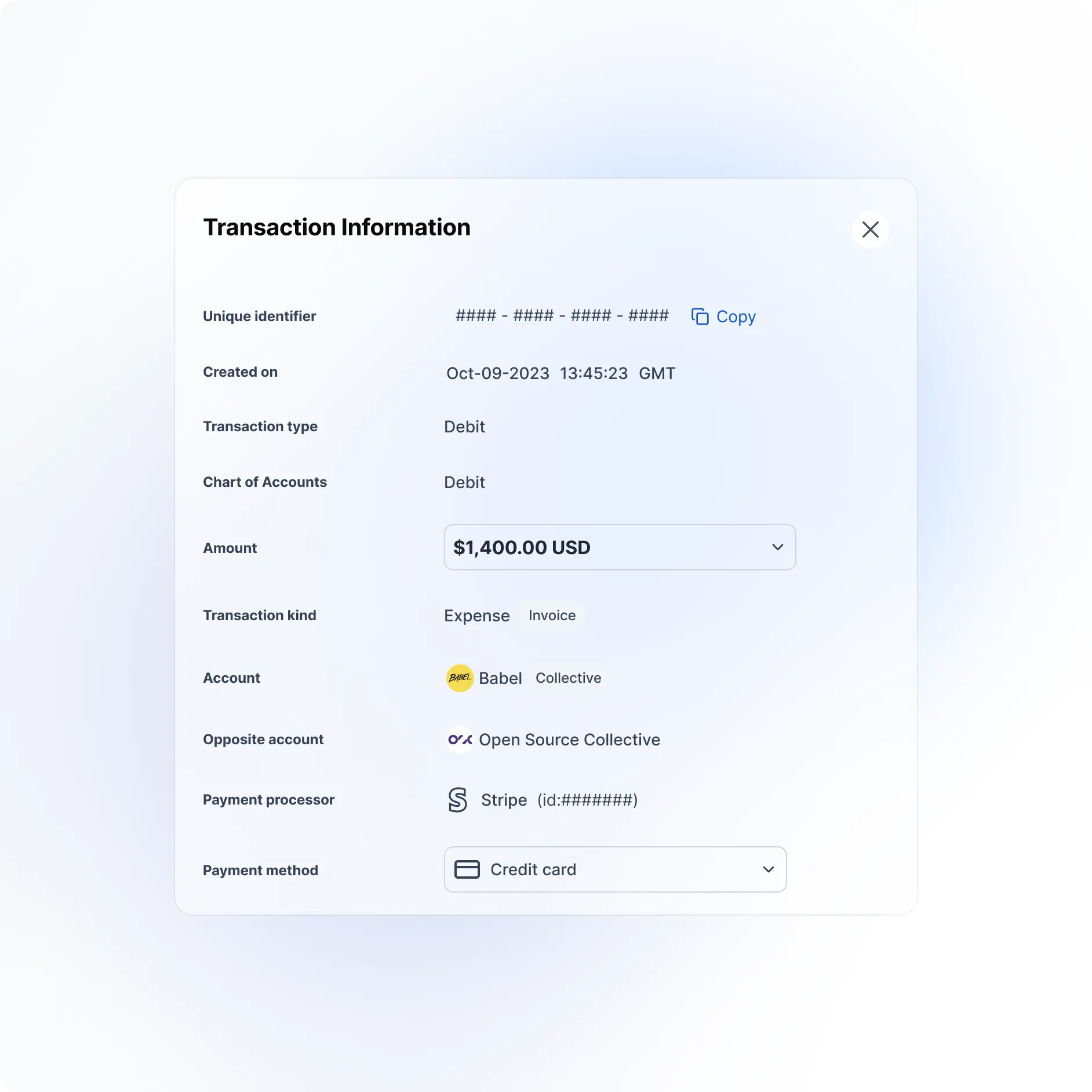 A modal panel on a pale blue wash of label and value rows: a hash-masked identifier with a Copy link, an October 2023 timestamp, Debit as both type and chart of accounts, $1,400.00 USD in a select, an expense invoice, the Babel collective against Open Source Collective, Stripe as processor and Credit card as method