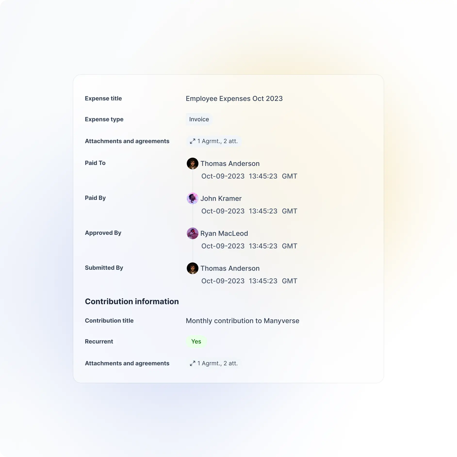 A panel on a pale wash detailing an October 2023 employee expense invoice: an attachments chip, then paid-to, paid-by, approved-by and submitted-by rows each carrying an avatar and a timestamp, and a contribution section giving a recurring monthly contribution and its attachments