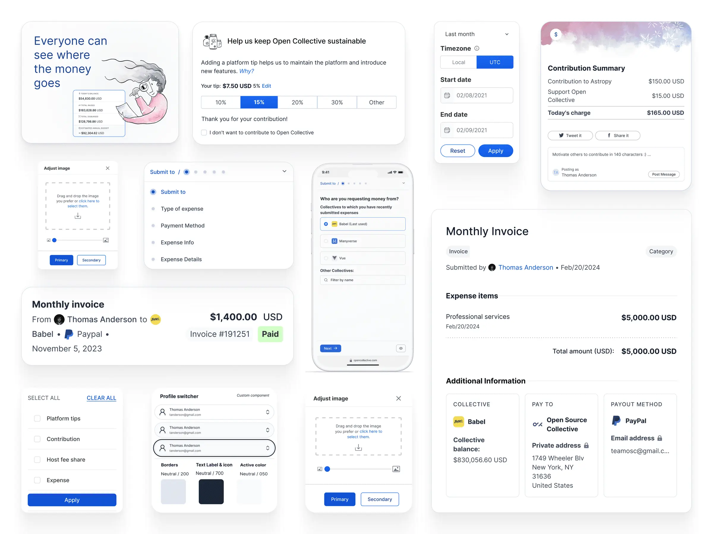 A grid of interface pieces: platform tip selector, date range, contribution summary, image cropper, profile switcher, expense stepper and invoice